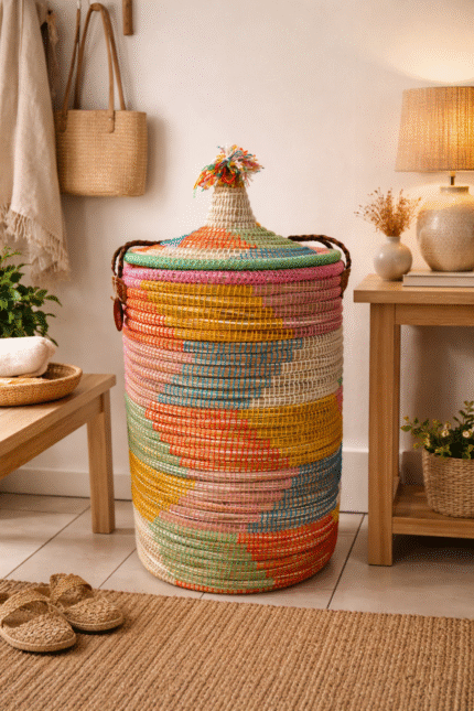Panier de rangement en jonc de mer et laine
