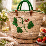 Panier artisanal brodé – motif floral champêtre