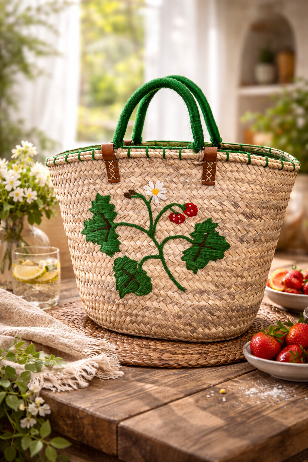 Panier en osier brodé avec fraises
